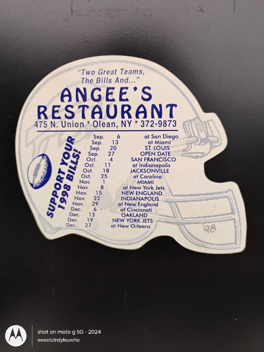 vintage 1998 Buffalo Bills season schedule promo magnet Angee's Olean NY